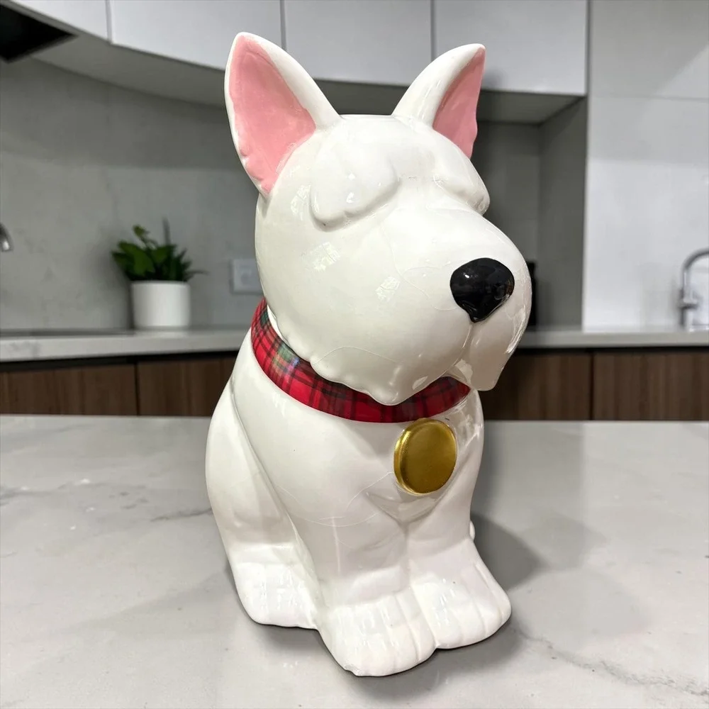 MSRF Design Studio White Bull Terrier Dog Treat Jar Red Plaid Collar Ceramic